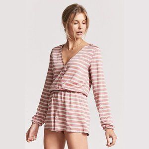 Forever 21 Striped Surplice Romper Pink White